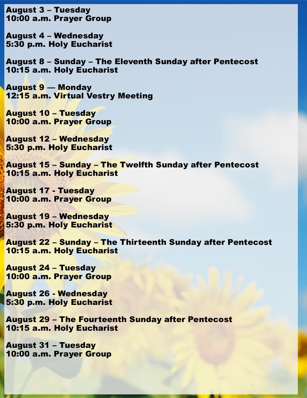 Calendar of Events, August